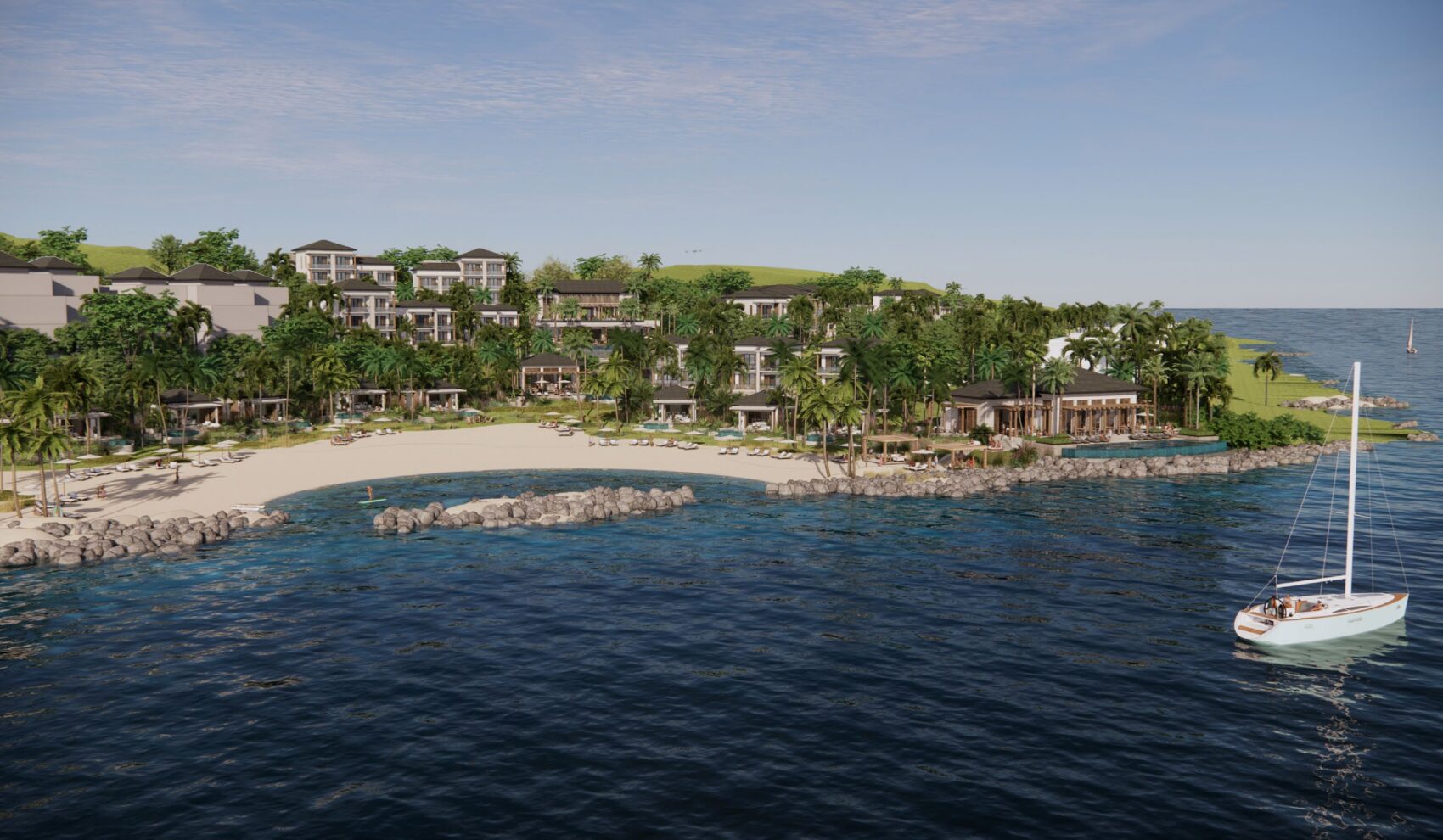 Architectural rendering of a beachfront resort at Blue Bay, Curaçao, featuring villa-style accommodations along a sandy bay with a sailboat in the water.