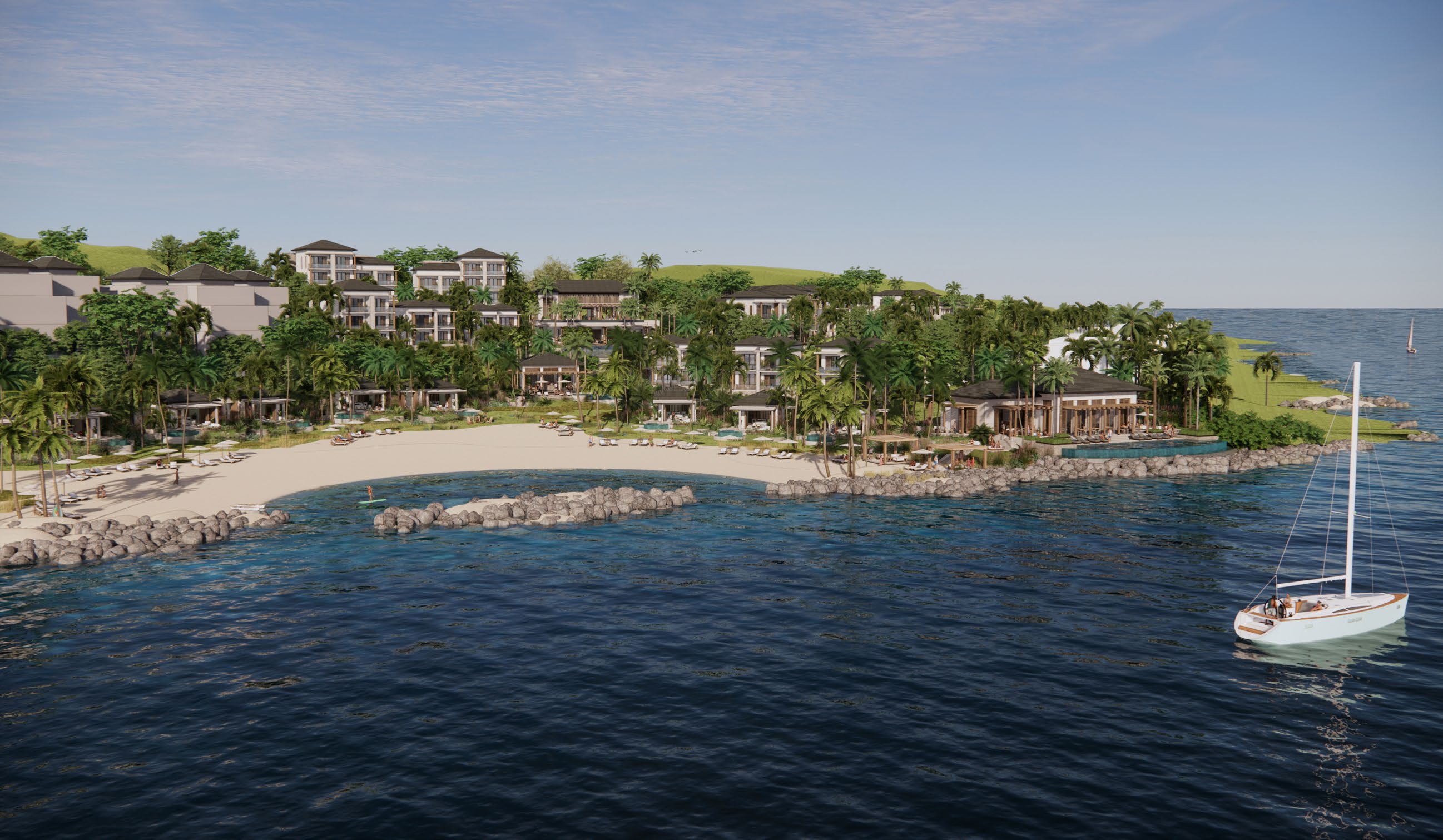 Architectural rendering of a beachfront resort at Blue Bay, Curaçao, featuring villa-style accommodations along a sandy bay with a sailboat in the water.