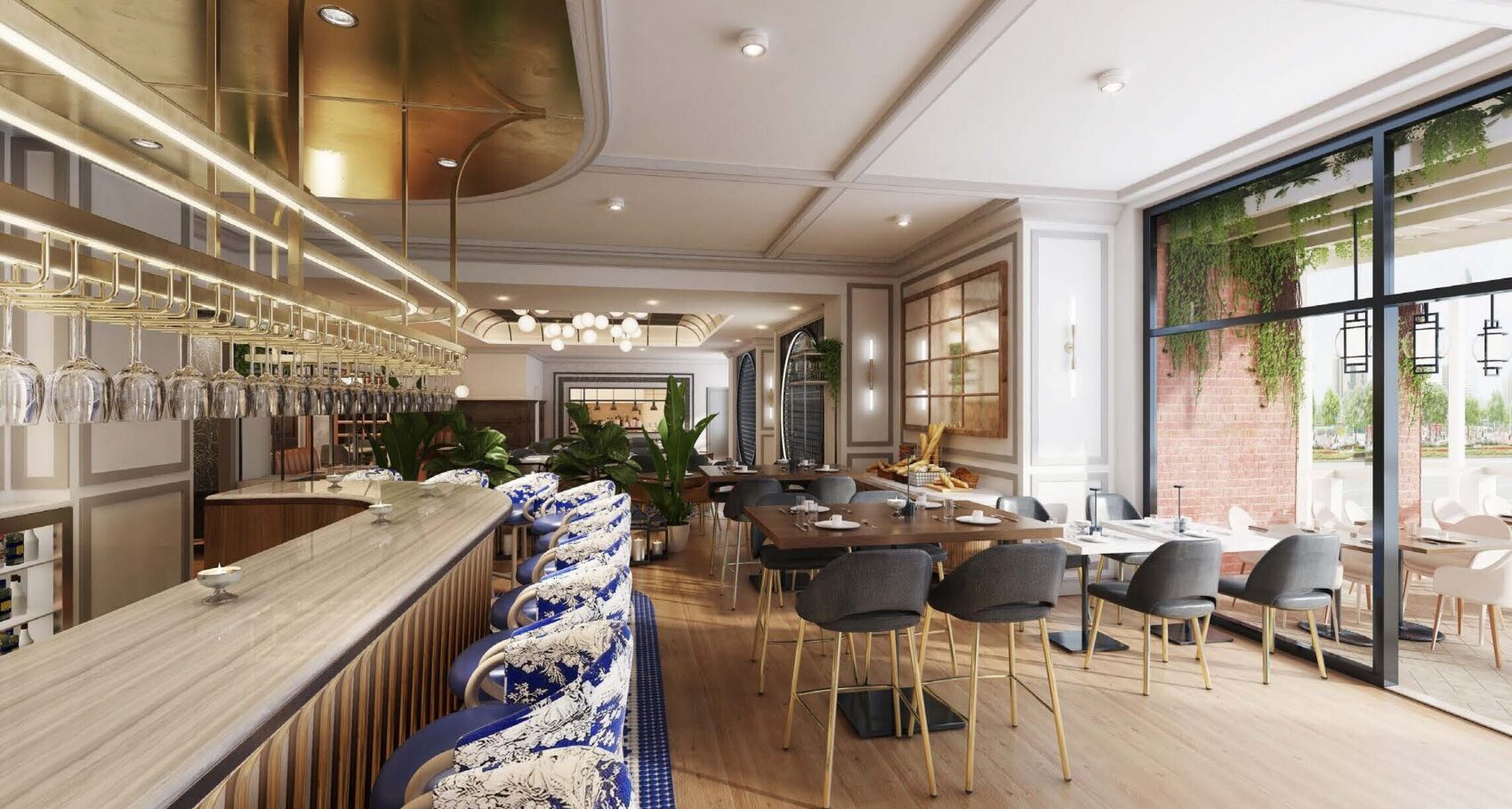 Architectural rendering of an upscale hotel restaurant and bar interior featuring a marble counter with patterned blue stools, brass lighting fixtures, wooden dining tables, and large glass patio doors.