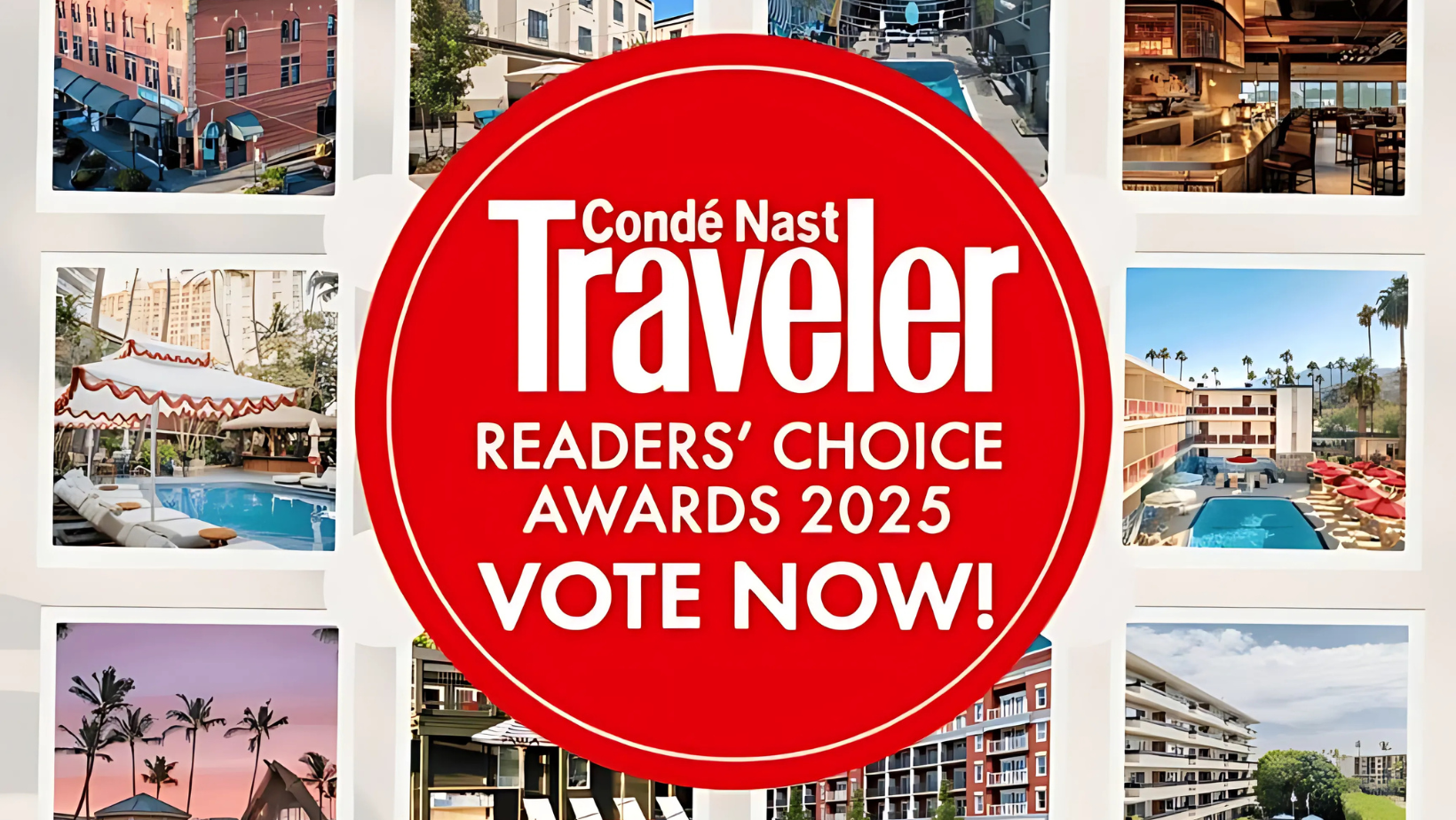 Condé Nast Traveler Readers' Choice Awards 2025 voting badge featuring a red circular graphic that reads "Condé Nast Traveler READERS' CHOICE AWARDS 2025 VOTE NOW!" overlaying a collage of various hotel and resort property photos.
