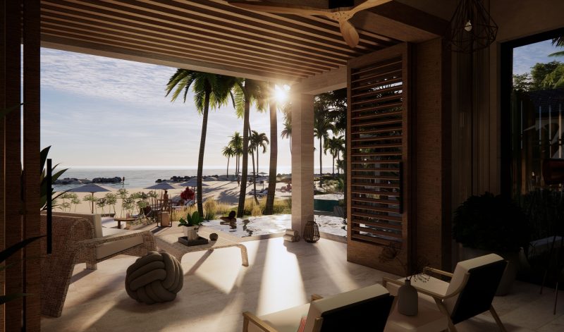 Modern beach resort patio rendering with outdoor seating and palm trees overlooking the ocean at Blue Bay Curaçao.