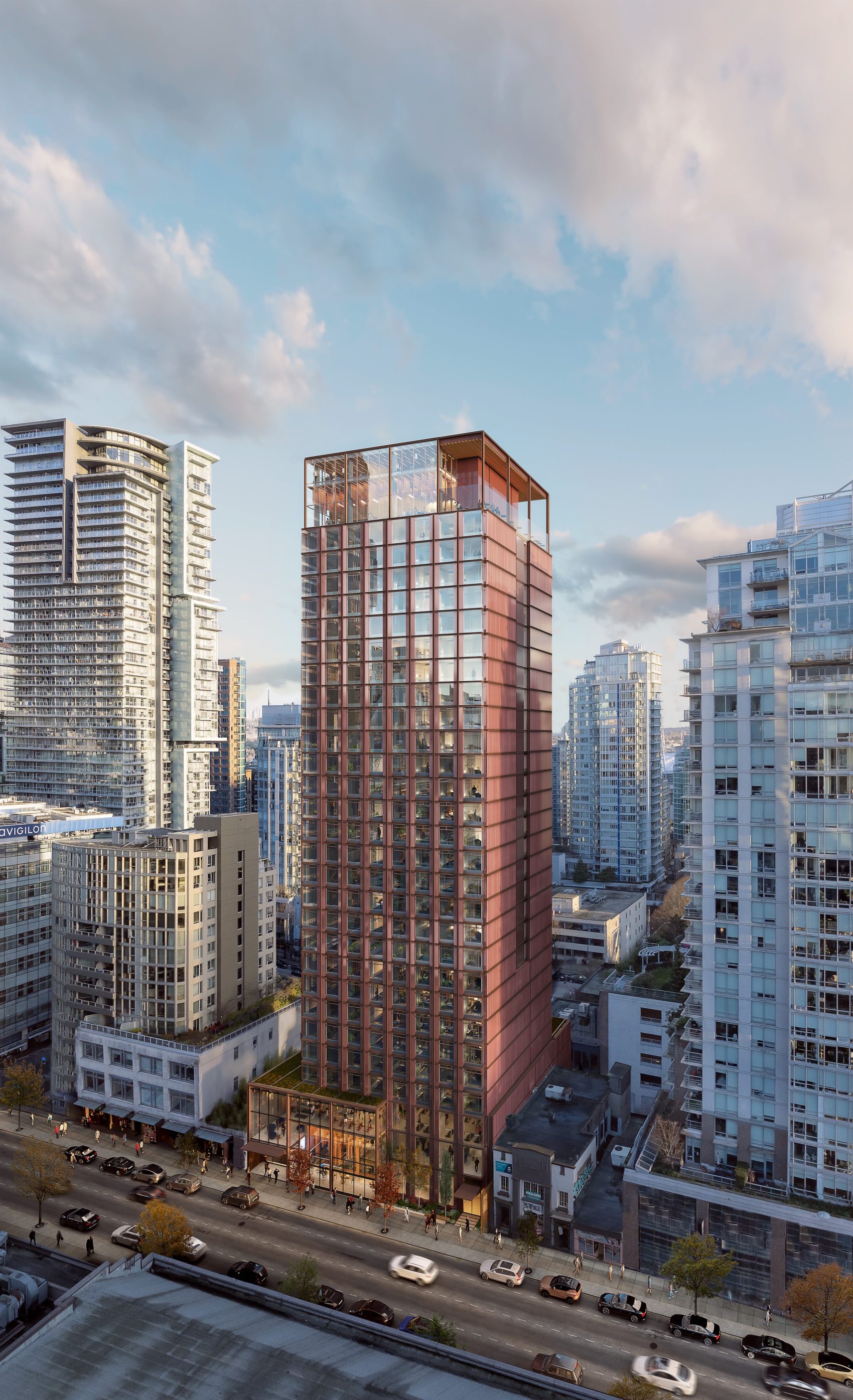 Architectural rendering of the dual-branded Moxy and Element Hotels high-rise building in downtown Vancouver.