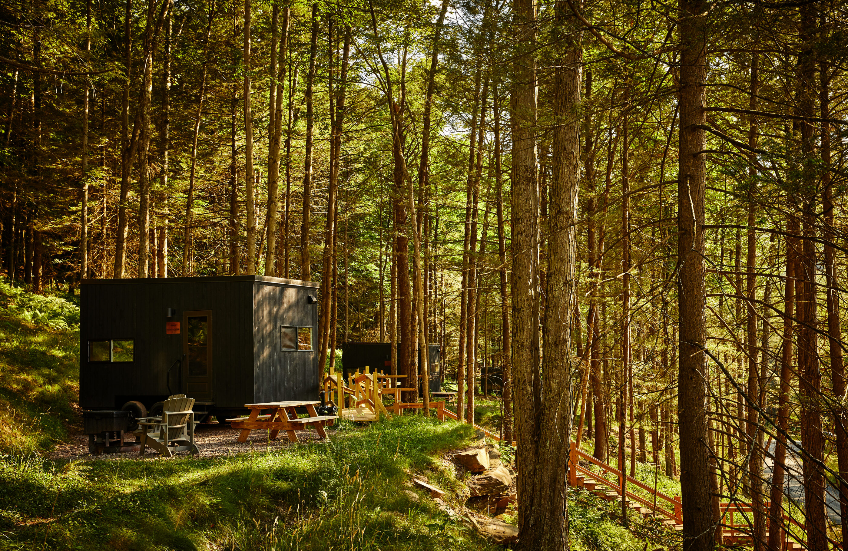Small black getaway cabin with wooden deck chairs and a picnic table surrounded by a dense forest of tall trees.