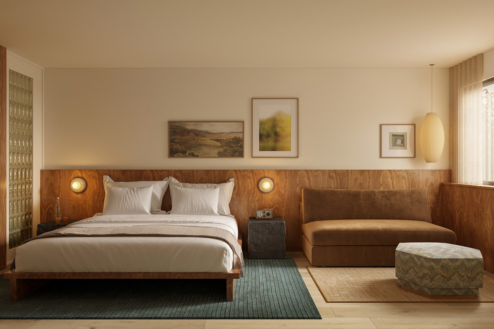 A modern, earth-toned hotel room featuring a platform bed with crisp white linens, light-wood paneled walls, circular sconce lighting, and a lounge seating area with a brown bench and patterned ottoman.