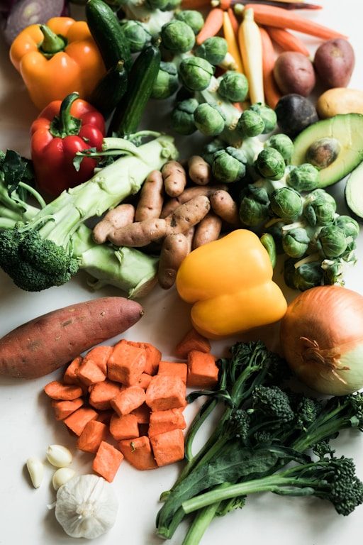 Fresh vegetables laid out on a table