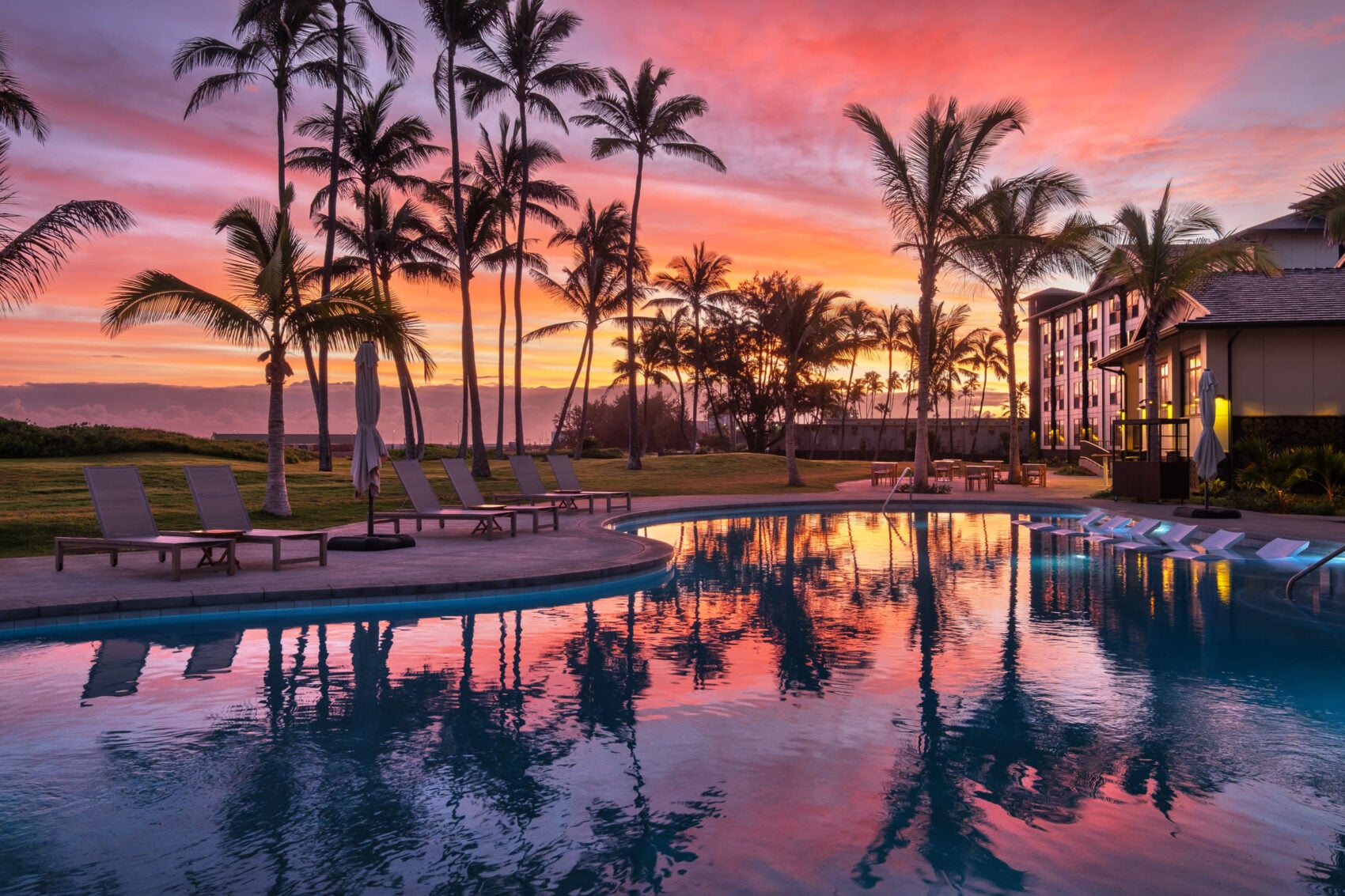 Resort pool lined with palm trees under a pink and orange sunset