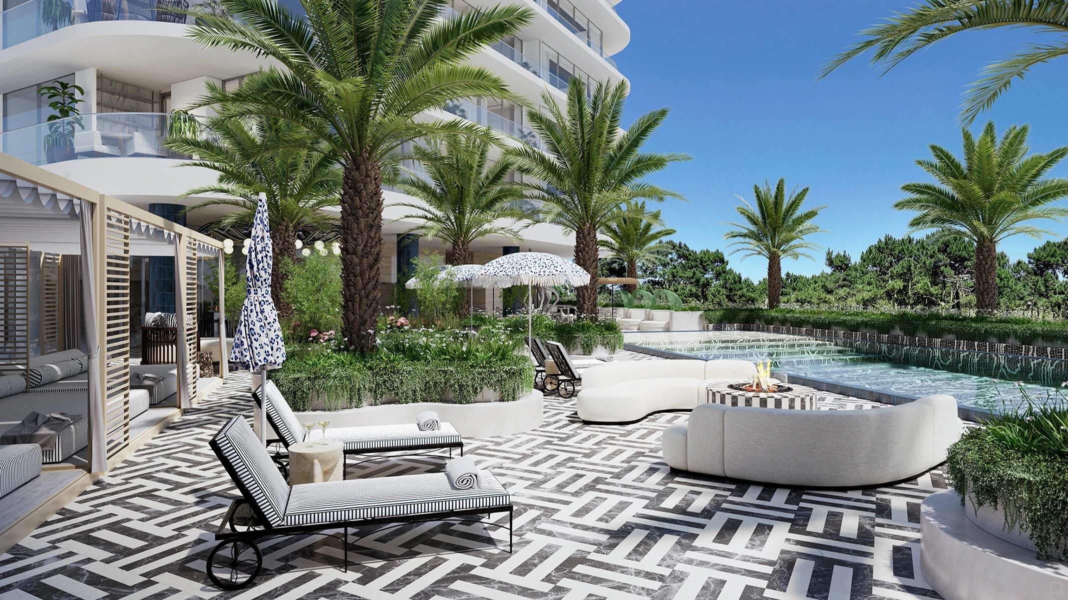 Luxury resort patio with modern lounge seating, palm trees, tiled floors, and a outdoor pool.