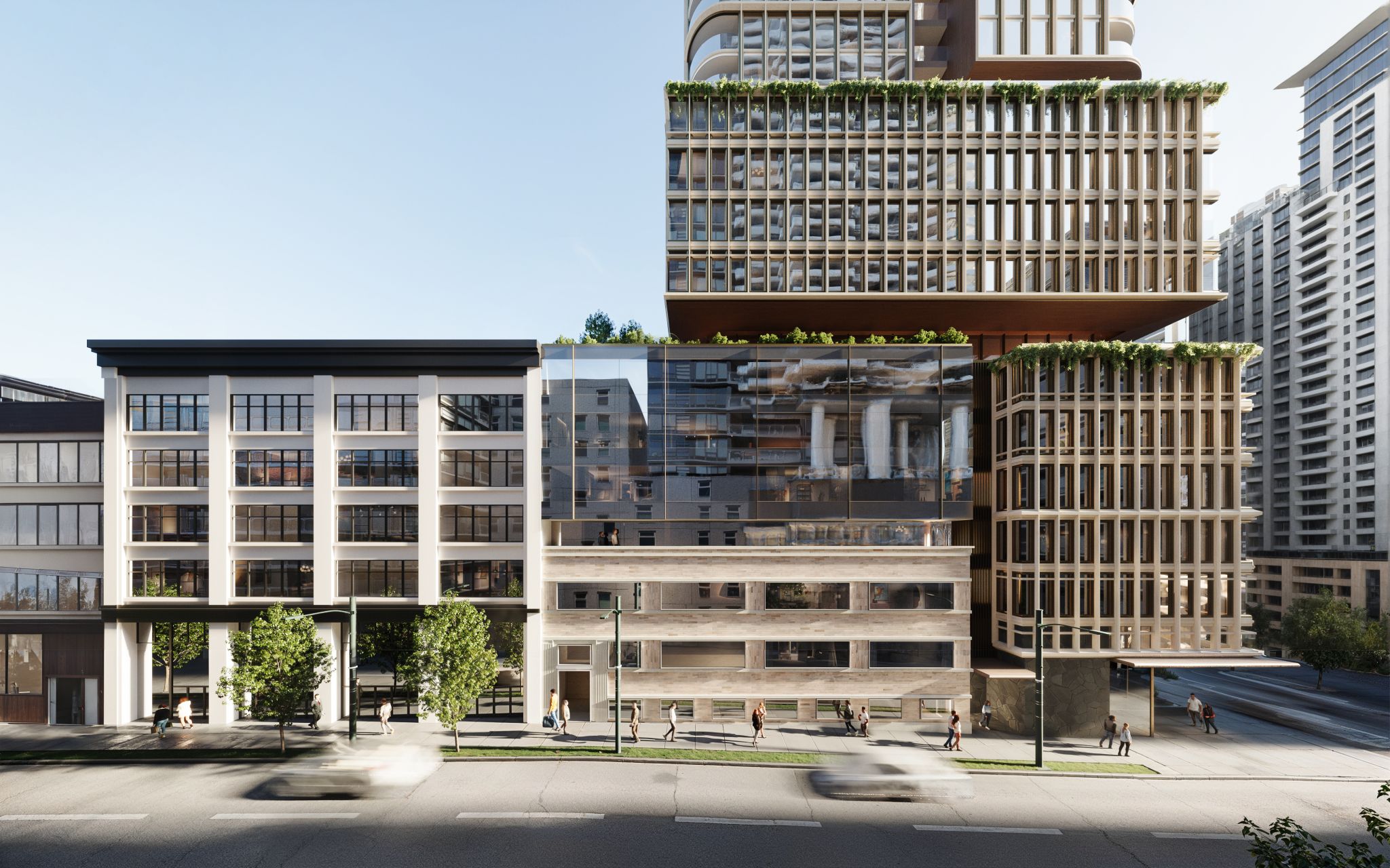 Rendering of a mixed-use hotel development on a city street