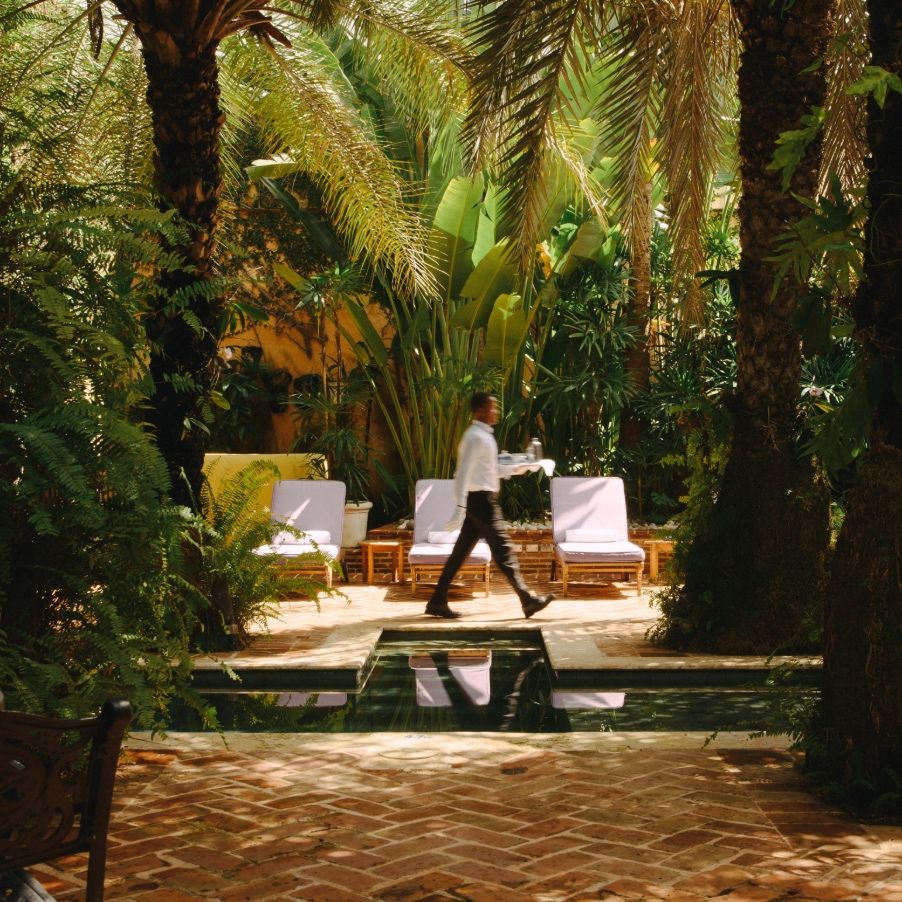 A server carrying a tray walks on a brick patio beside a reflective pool and sun loungers, within a sunlit, lush tropical garden with abundant palm trees.