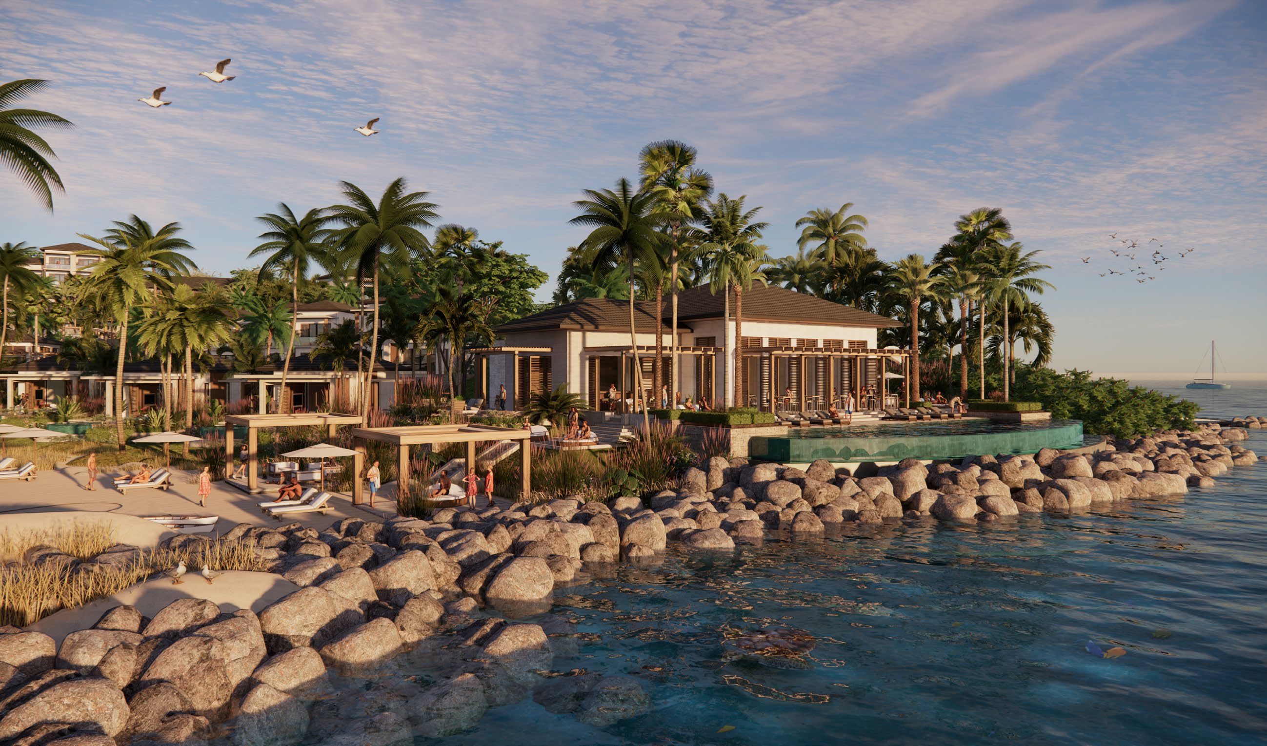 A tropical resort complex with an infinity pool overlooks a rocky beach. People relax on sandy shores and by the pool, among palm trees, under flying gulls.