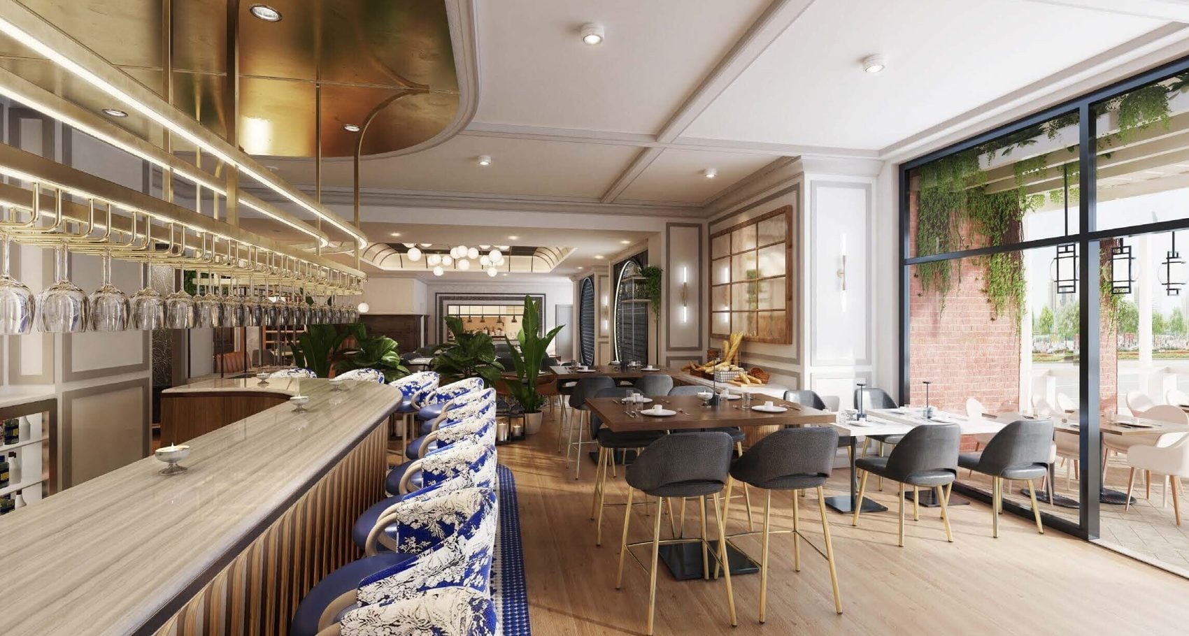 Rendering of a restaurant bar and dining room