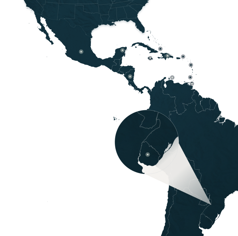 Map of the Caribbean and Latin America marked with pinpoints for property locations