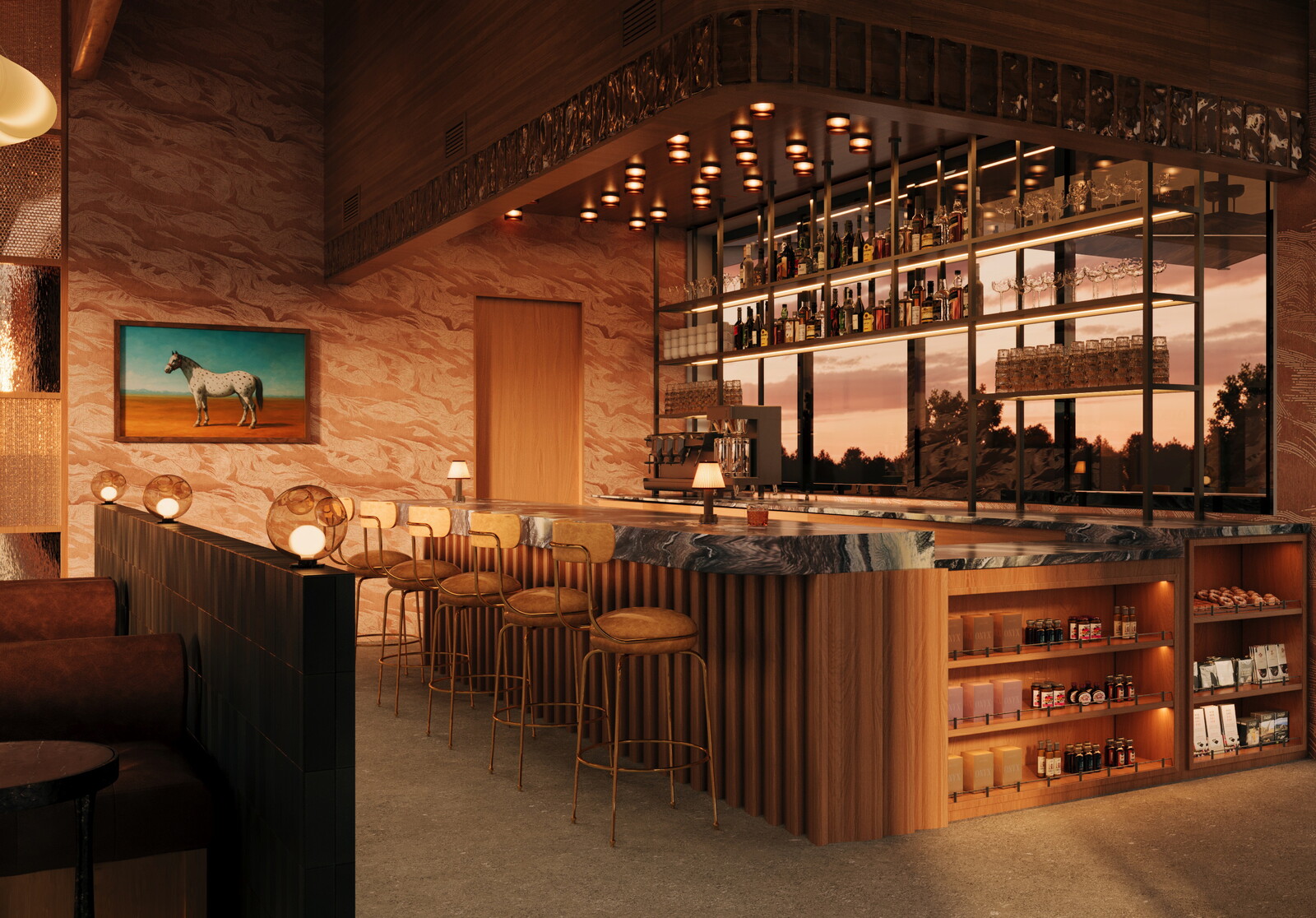 Hotel bar with leather stools, a marble counter, and backlit shelves at sunset