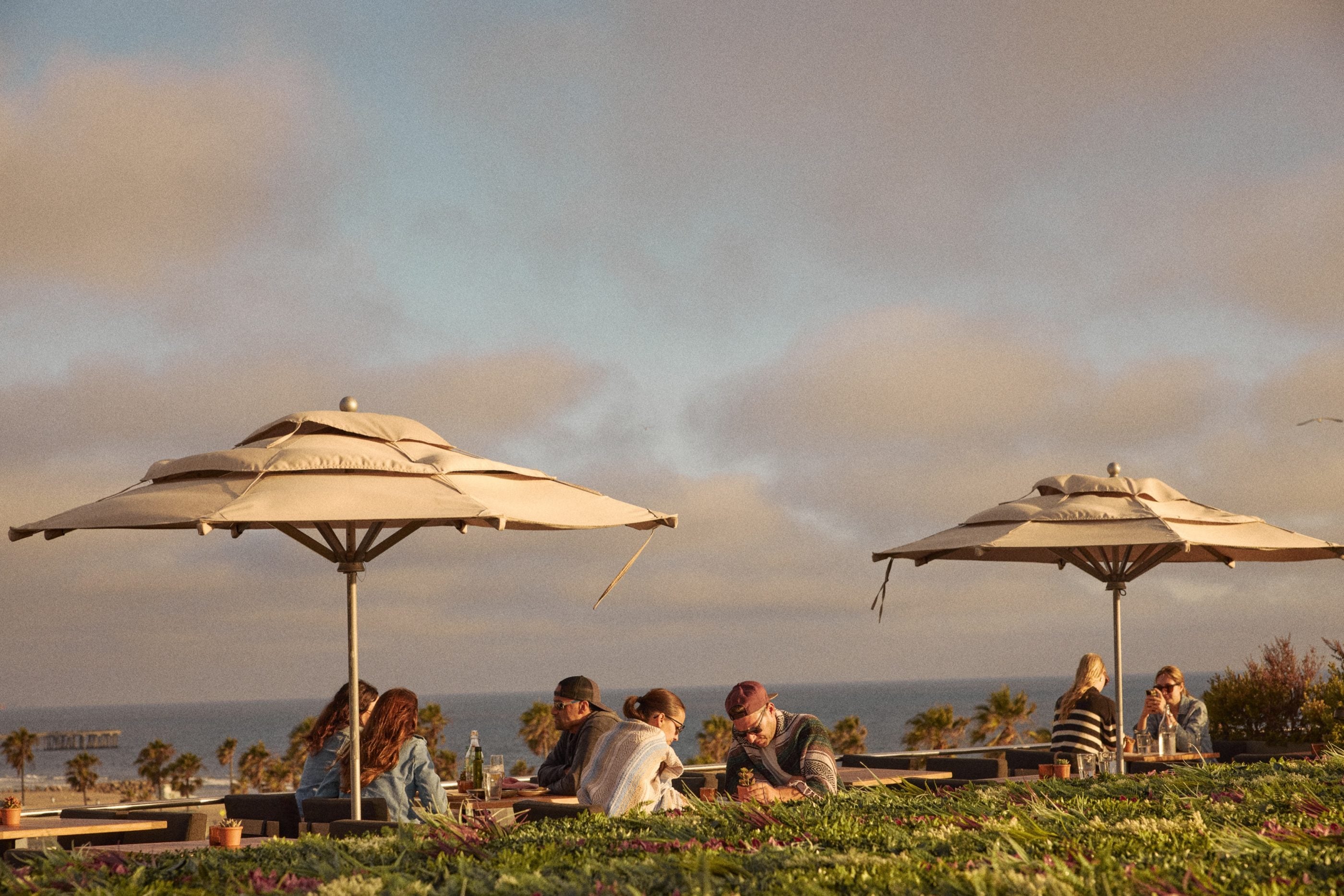 Guests dining under umbrellas on a seaside rooftop terrace